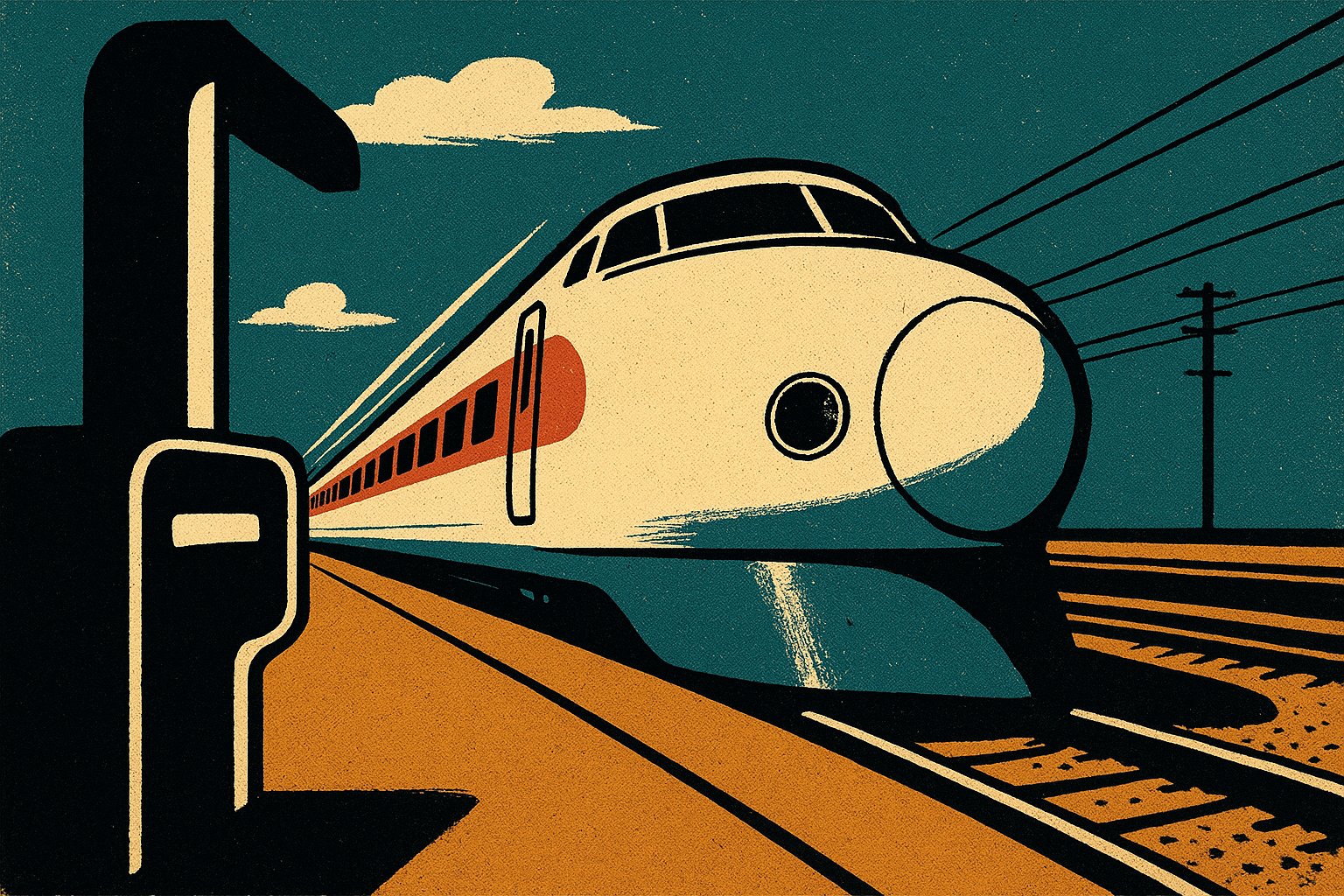 Illustration : un train à grande vitesse japonais franchissant un portique de contrôle de billets, le poste transport du budget Japon