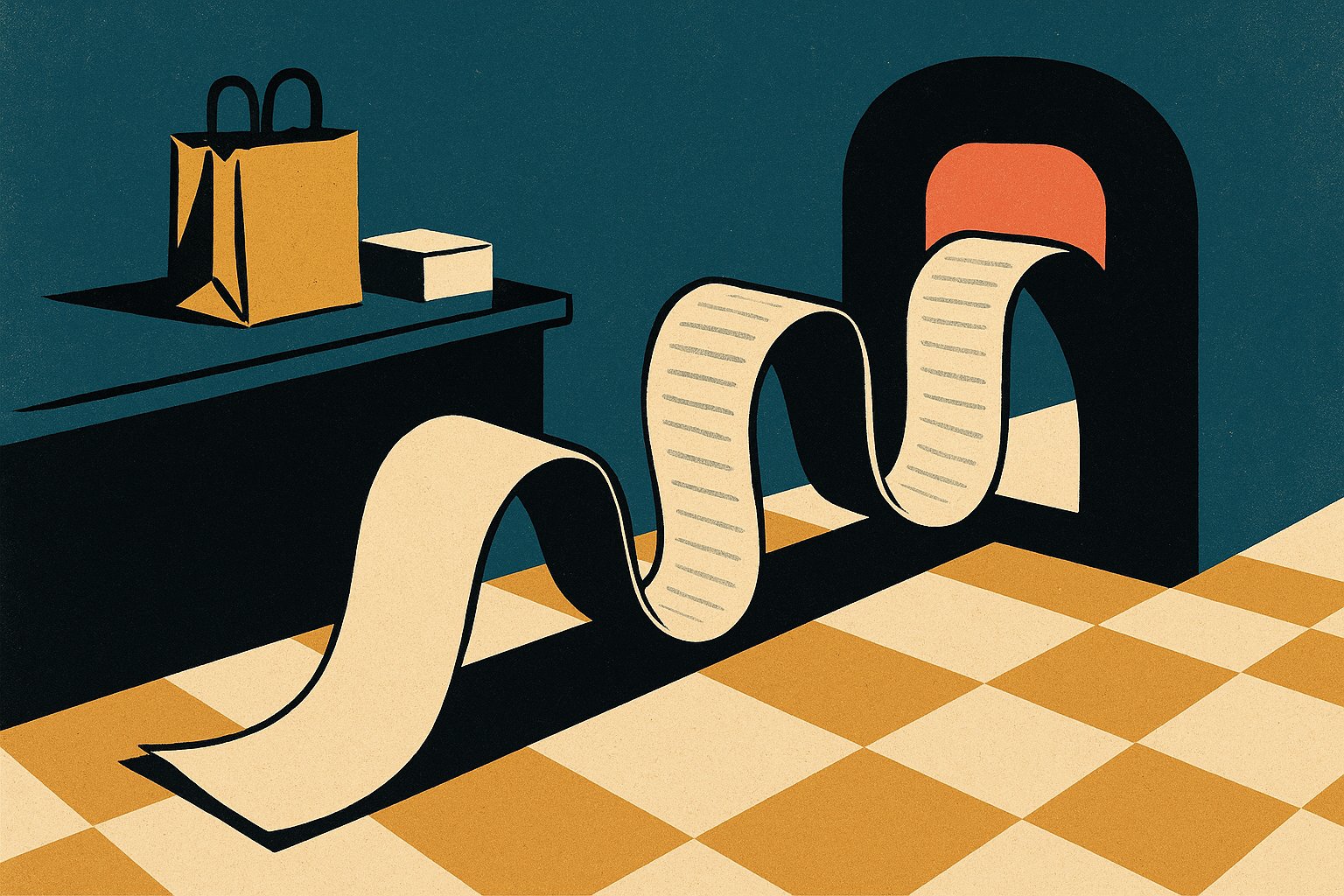 Illustration : un long ticket de caisse se déroulant d’un comptoir vers une arche de contrôle douanier, la détaxe japonaise