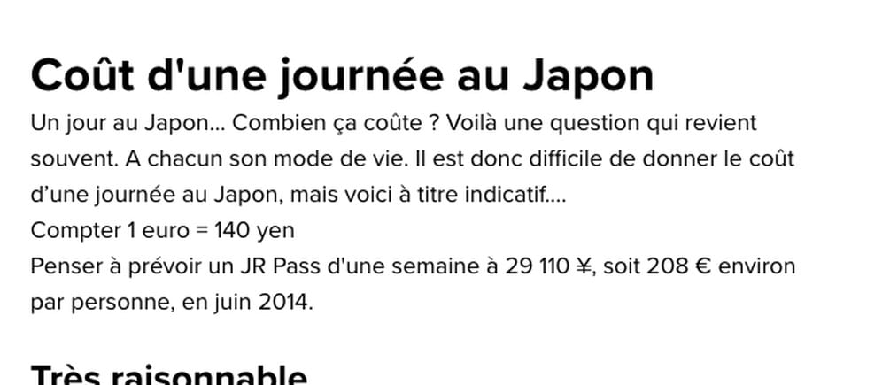 Capture de la page française de l’Office national du tourisme japonais qui convertit encore à 1 euro pour 140 yens et cite un JR Pass à 29 110 yens en juin 2014