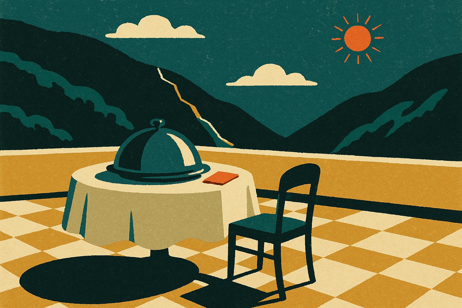 Illustration façon affiche de voyage vintage montrant une table de terrasse d'hôtel abandonnée, avec une cloche sur une assiette intacte, devant des versants en terrasses