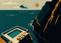 Illustration façon affiche de voyage vintage : piscine d'hôtel perchée au bord d'une falaise volcanique de Madère face à l'Atlantique
