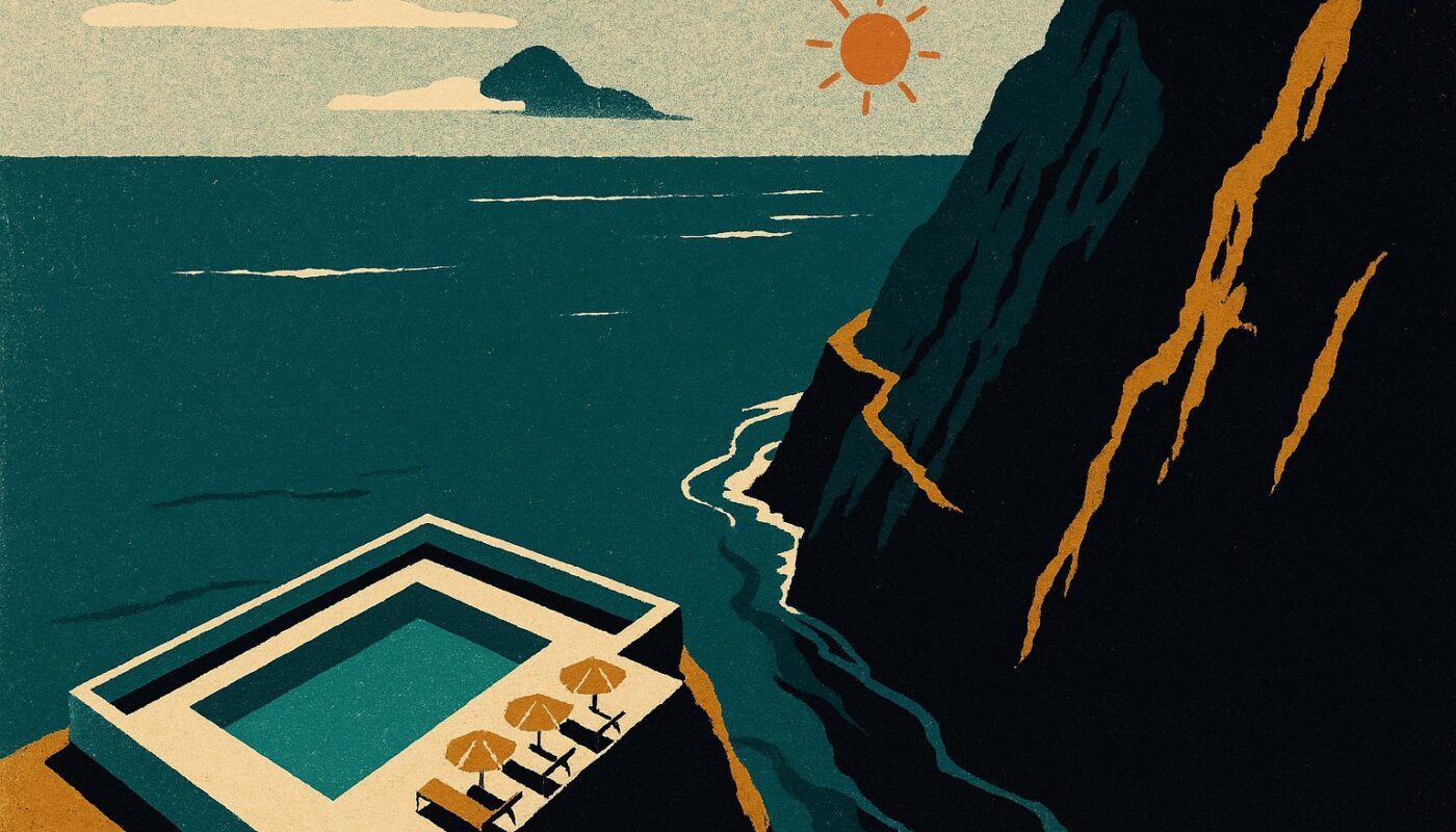 Illustration façon affiche de voyage vintage : piscine d'hôtel perchée au bord d'une falaise volcanique de Madère face à l'Atlantique