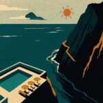 Illustration façon affiche de voyage vintage : piscine d'hôtel perchée au bord d'une falaise volcanique de Madère face à l'Atlantique