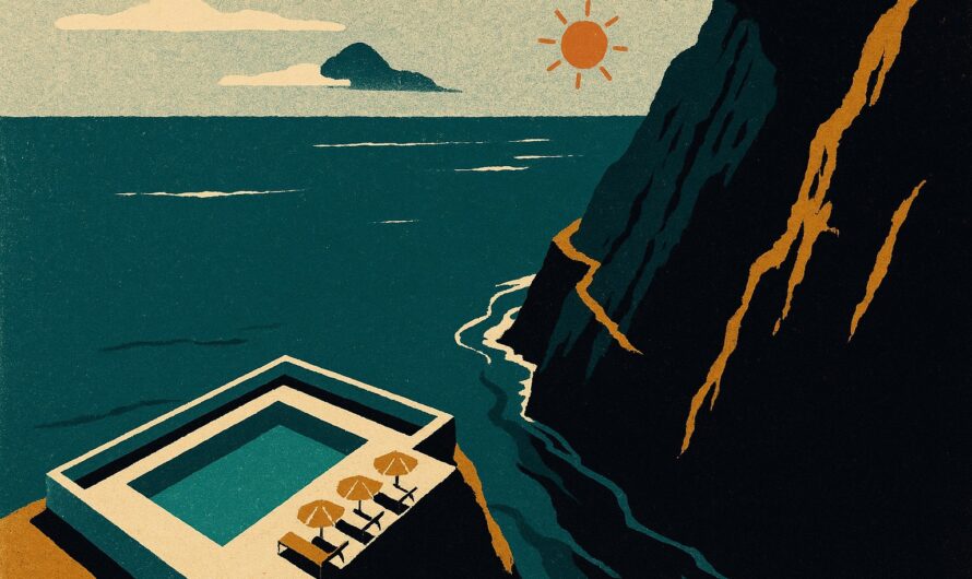 Illustration façon affiche de voyage vintage : piscine d'hôtel perchée au bord d'une falaise volcanique de Madère face à l'Atlantique