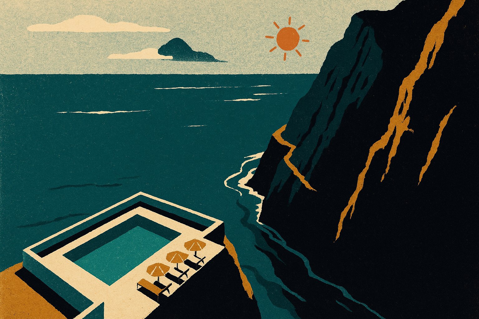 Illustration façon affiche de voyage vintage : piscine d'hôtel perchée au bord d'une falaise volcanique de Madère face à l'Atlantique