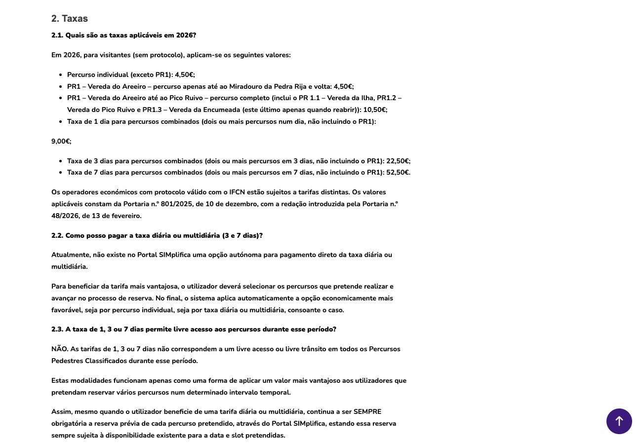 Page officielle de l'IFCN de Madère détaillant les tarifs 2026 d'accès aux sentiers pédestres classés, de 4,50 euros à 52,50 euros