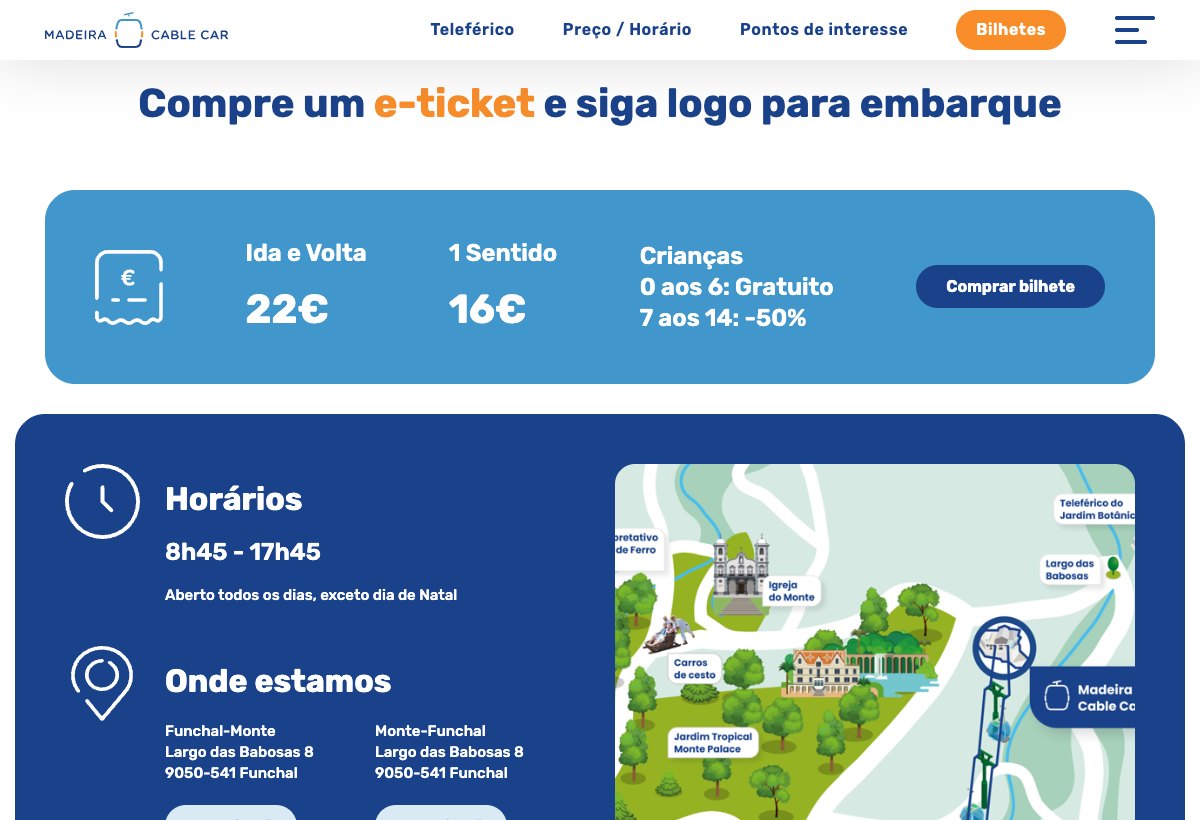 Page officielle du téléphérique de Funchal affichant 22 euros l'aller-retour, 16 euros l'aller simple, gratuit de 0 à 6 ans et moitié prix de 7 à 14 ans