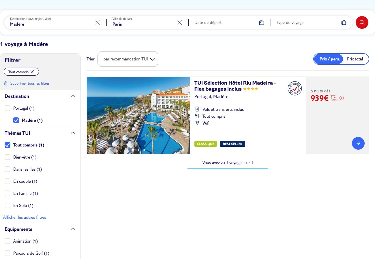 Page TUI des voyages tout compris à Madère affichant un seul voyage disponible, l'hôtel Riu Madeira à 939 euros pour 6 nuits