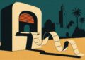 Illustration style affiche de voyage vintage : un kiosque de change marocain deverse un long ruban de recus vierges devant une medina stylisee