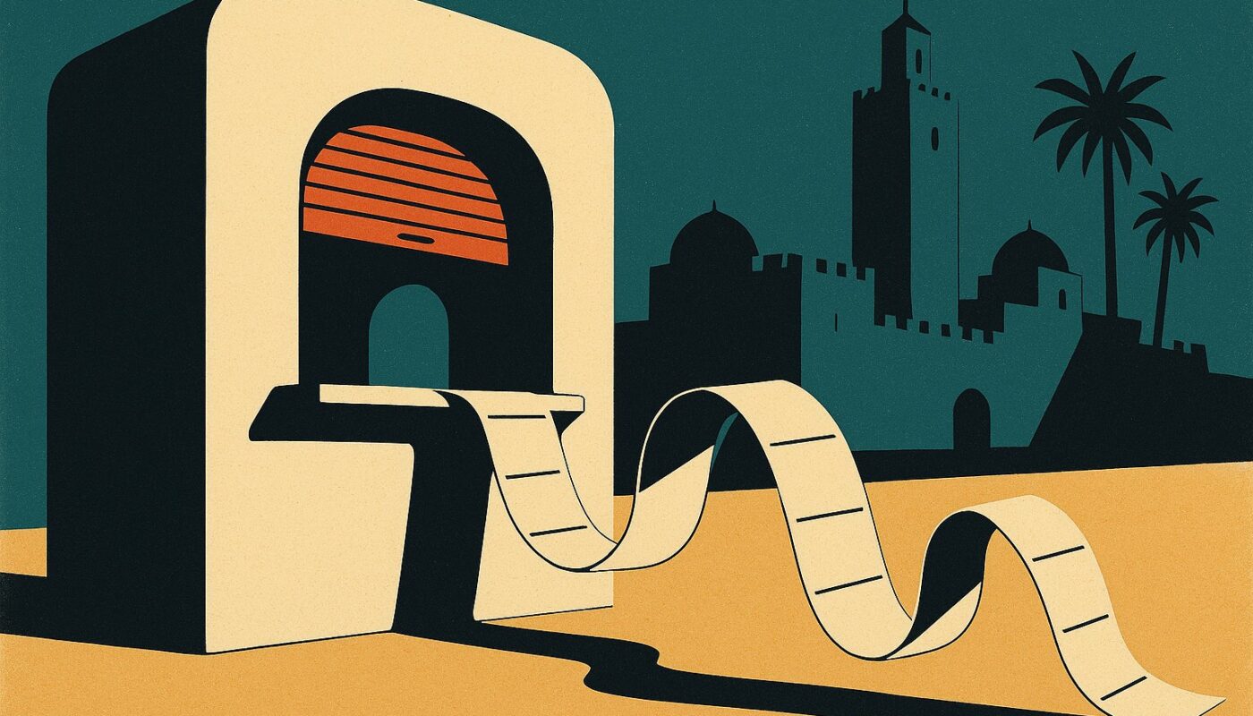 Illustration style affiche de voyage vintage : un kiosque de change marocain deverse un long ruban de recus vierges devant une medina stylisee