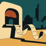 Illustration style affiche de voyage vintage : un kiosque de change marocain deverse un long ruban de recus vierges devant une medina stylisee