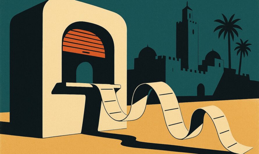 Illustration style affiche de voyage vintage : un kiosque de change marocain deverse un long ruban de recus vierges devant une medina stylisee