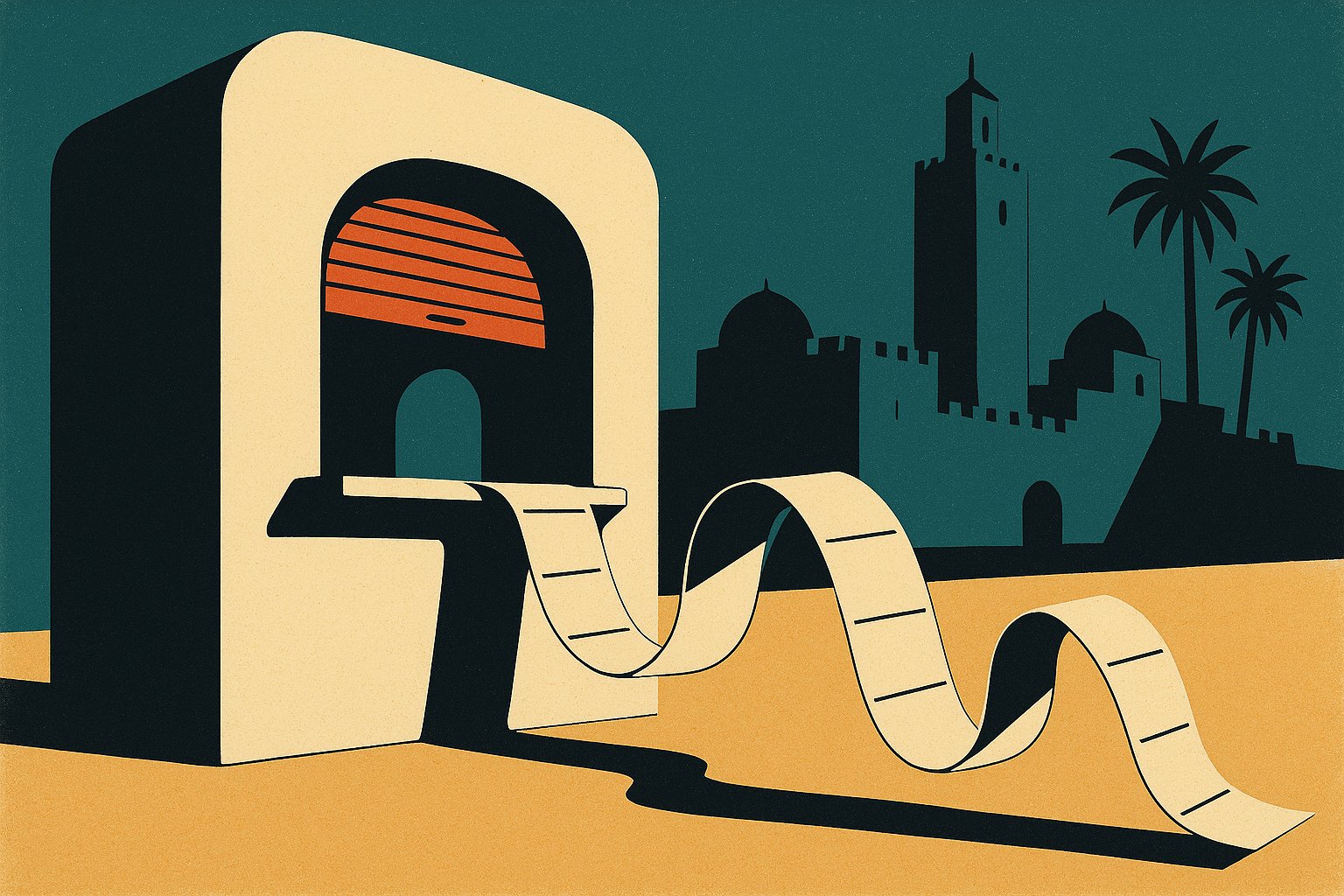 Illustration style affiche de voyage vintage : un kiosque de change marocain deverse un long ruban de recus vierges devant une medina stylisee