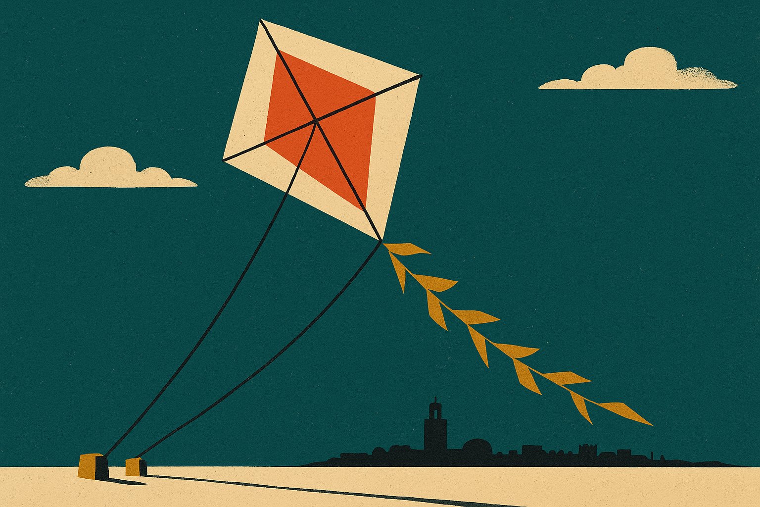 Illustration de style affiche de voyage retro : un cerf-volant survole une medina stylisee, sa traine de fanions diminuant vers l horizon