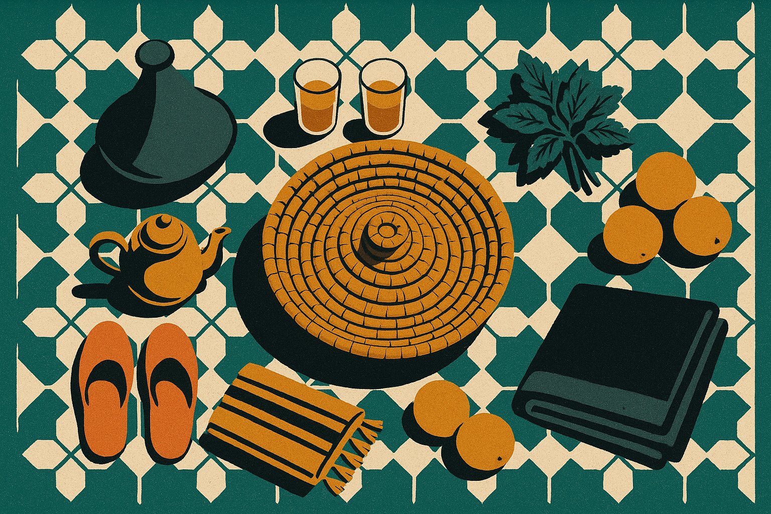 Illustration de style affiche de voyage retro : vue de dessus d un tajine, d une theiere, de verres a the, de babouches et d oranges sur un carrelage zellige
