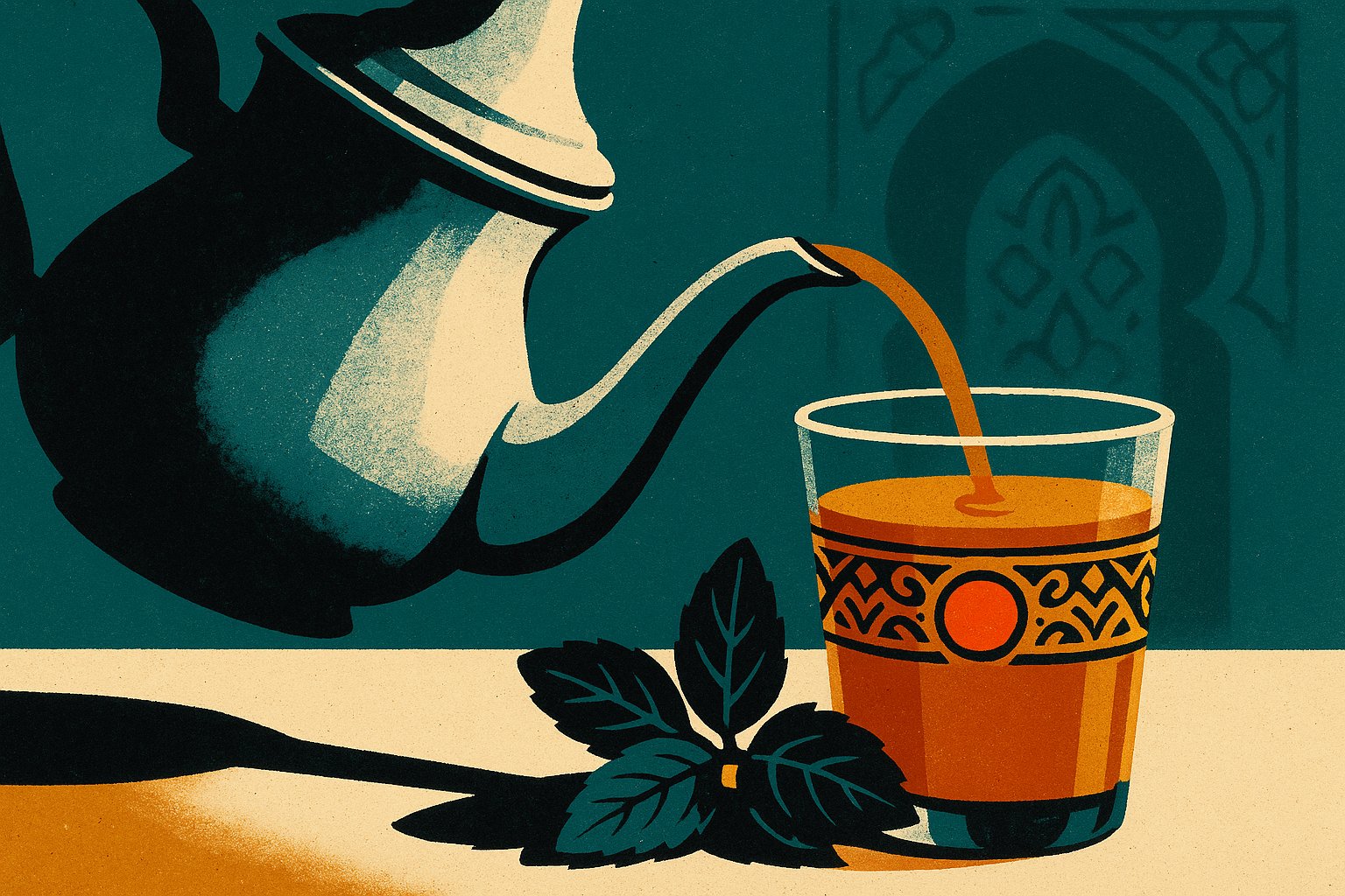 Illustration de style affiche de voyage retro : une theiere marocaine verse un the a la menthe dans un verre decore