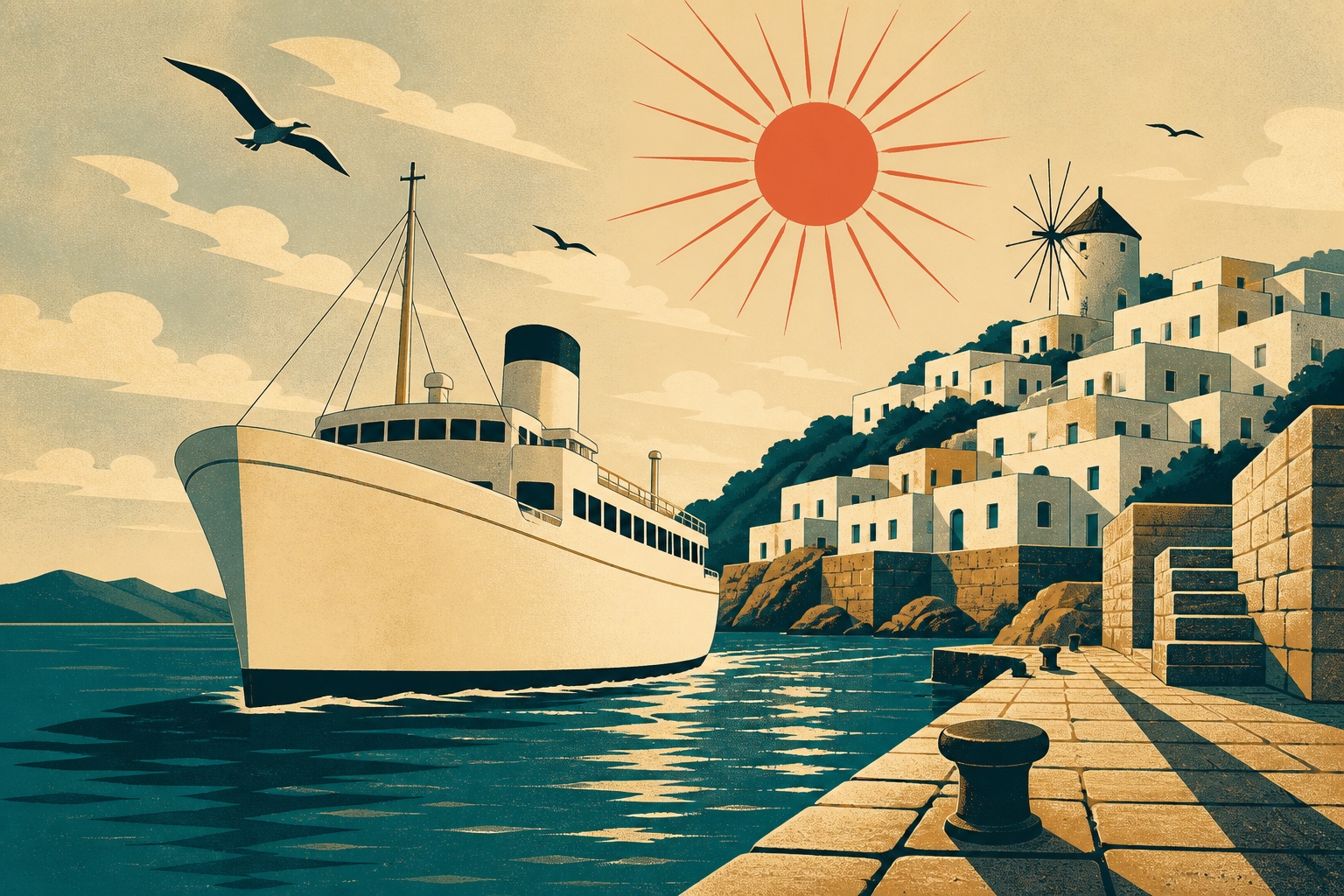 Affiche vintage d'un port grec : ferry blanc, moulin à vent et maisons blanchies