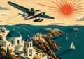 Illustration vintage d'un voyage tout compris en Grèce : hydravion au-dessus des villages des Cyclades et de la mer Égée