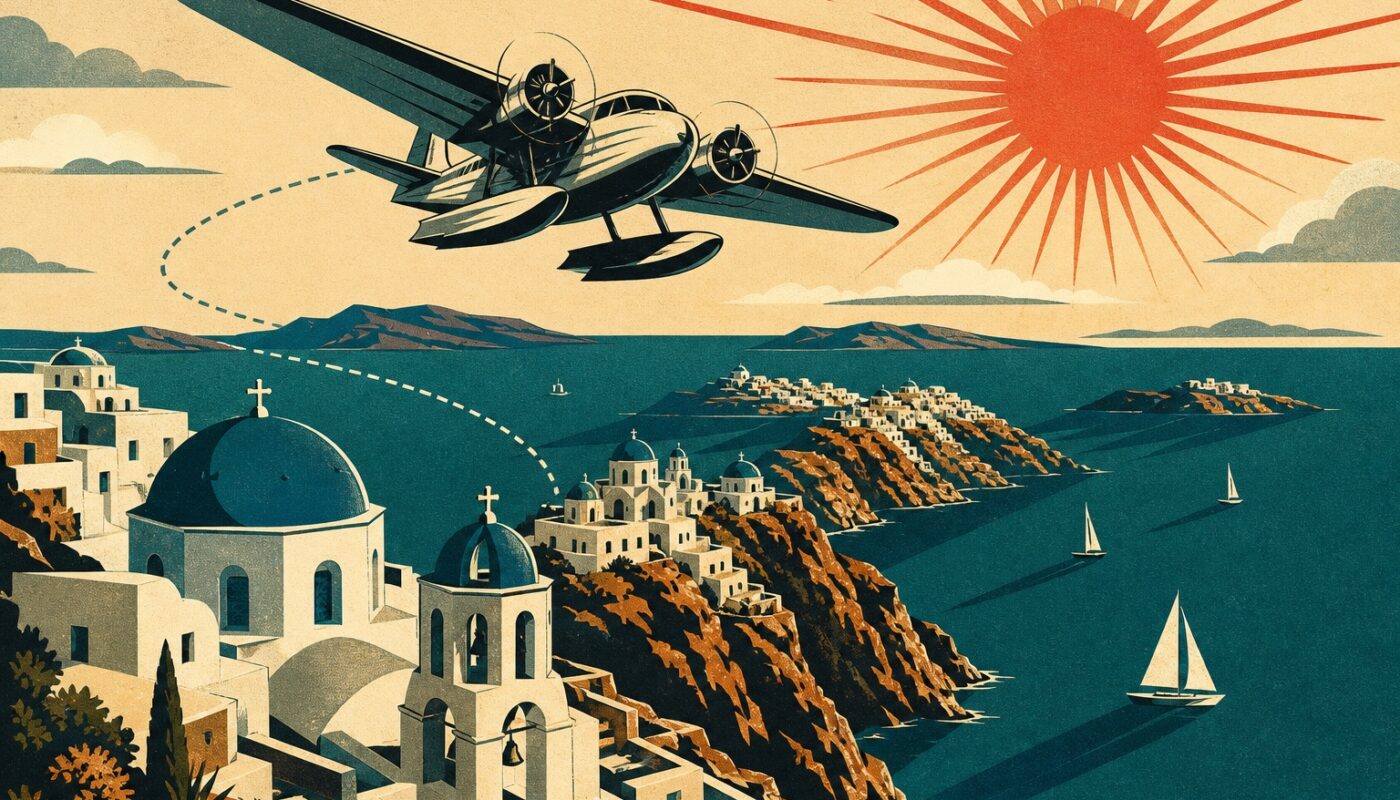Illustration vintage d'un voyage tout compris en Grèce : hydravion au-dessus des villages des Cyclades et de la mer Égée