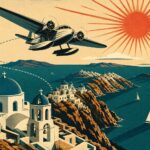 Illustration vintage d'un voyage tout compris en Grèce : hydravion au-dessus des villages des Cyclades et de la mer Égée