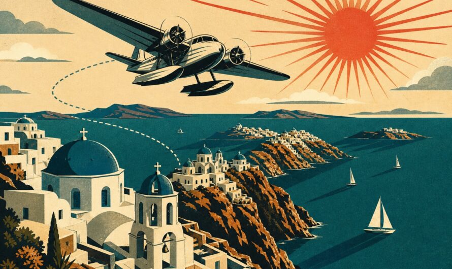 Illustration vintage d'un voyage tout compris en Grèce : hydravion au-dessus des villages des Cyclades et de la mer Égée