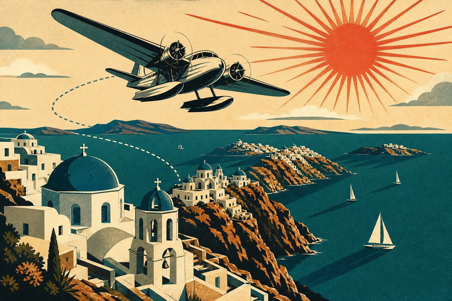 Illustration vintage d'un voyage tout compris en Grèce : hydravion au-dessus des villages des Cyclades et de la mer Égée