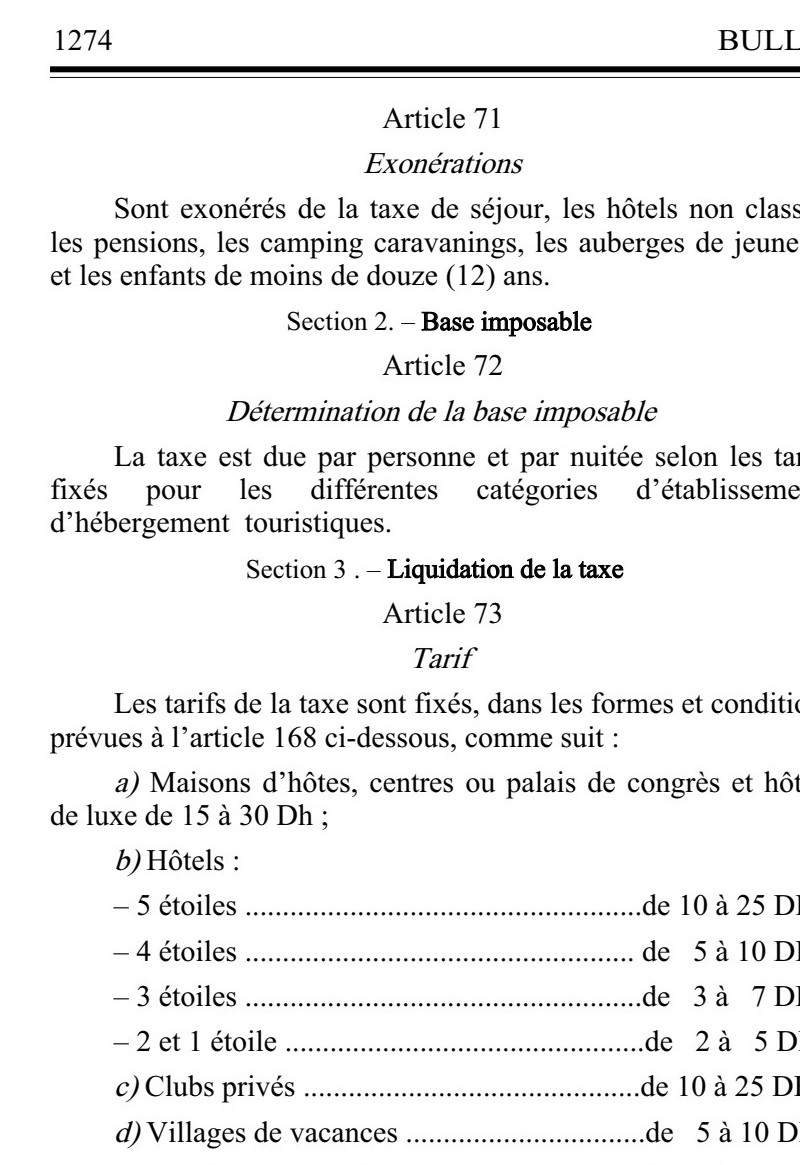 Page 1274 du Bulletin officiel du Maroc numero 5584 reproduisant les articles 71, 72 et 73 de la loi 47-06 sur la taxe de sejour