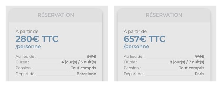 Deux blocs reservation Havas Voyages pour la meme reference 764665 : 280 euros pour 3 nuits au depart de Barcelone et 657 euros pour 7 nuits au depart de Paris