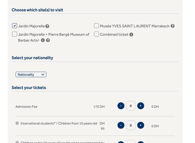 Billetterie officielle du Jardin Majorelle affichant les quatre formules de visite, le selecteur de nationalite et le tarif de 170 dirhams