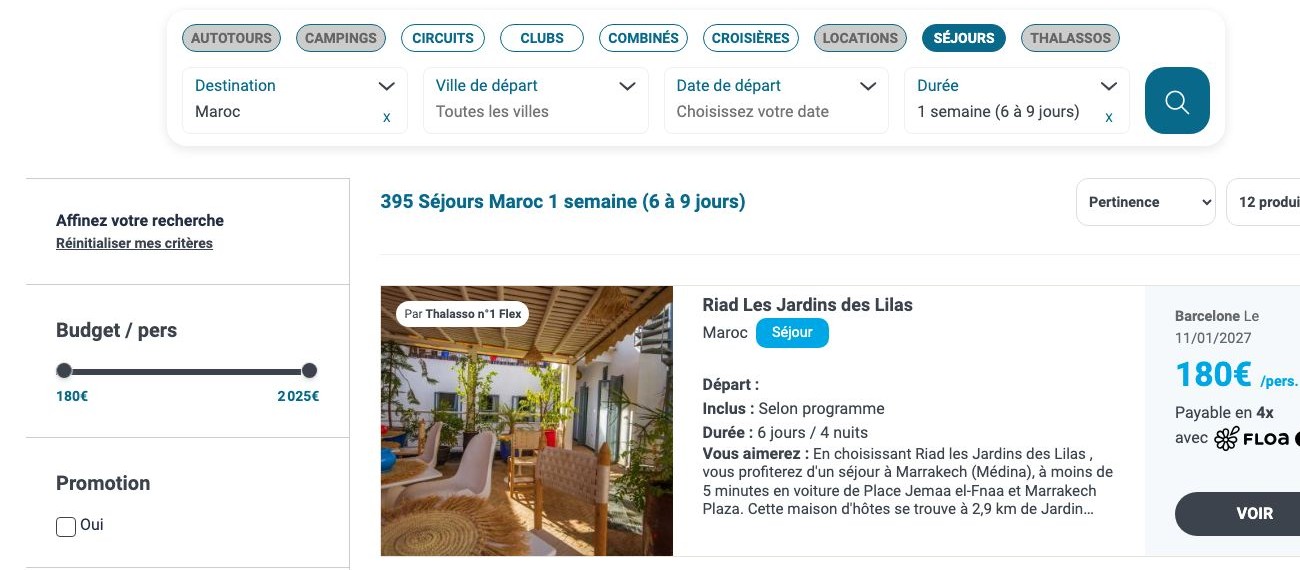 Page de résultats Salaun Holidays affichant 395 sejours Maroc 1 semaine, la premiere offre couvrant 6 jours et 4 nuits au depart de Barcelone