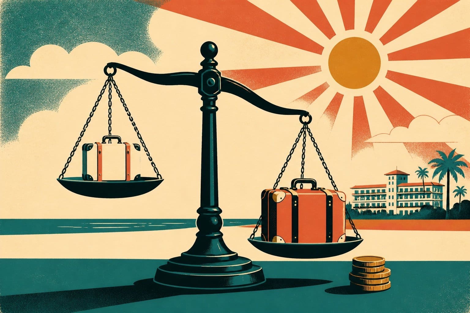 Affiche vintage représentant une balance de marché comparant deux valises, pour illustrer la comparaison des prix des tout compris en août 2026