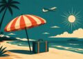 Affiche vintage illustrant un départ en vacances tout compris en août 2026 : parasol rayé, valise, avion rétro et soleil rayonnant