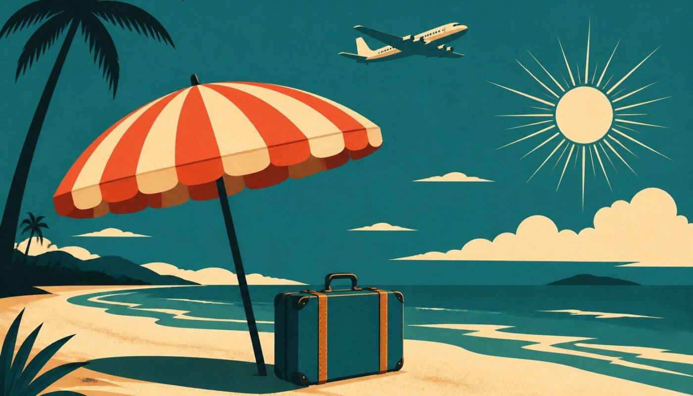 Affiche vintage illustrant un départ en vacances tout compris en août 2026 : parasol rayé, valise, avion rétro et soleil rayonnant