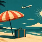 Affiche vintage illustrant un départ en vacances tout compris en août 2026 : parasol rayé, valise, avion rétro et soleil rayonnant