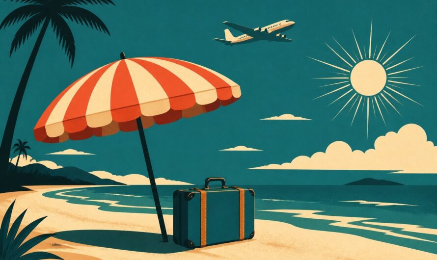 Affiche vintage illustrant un départ en vacances tout compris en août 2026 : parasol rayé, valise, avion rétro et soleil rayonnant