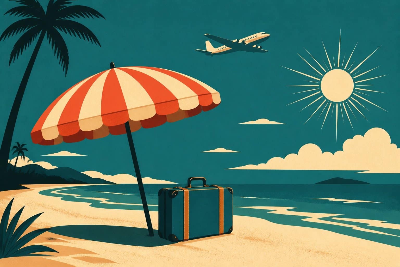 Affiche vintage illustrant un départ en vacances tout compris en août 2026 : parasol rayé, valise, avion rétro et soleil rayonnant