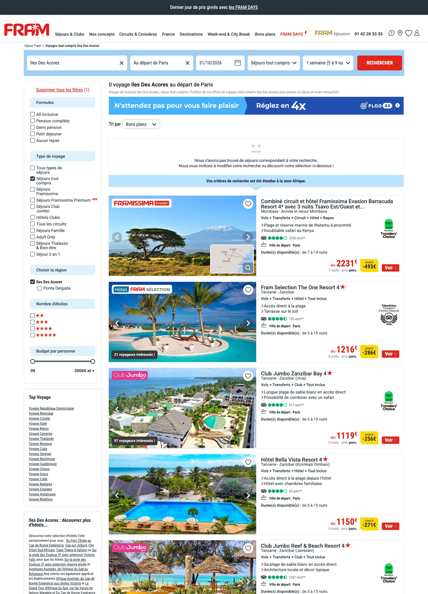 Listing Fram Açores : le moteur affiche 0 voyage tout compris au départ de Paris et étend la recherche à la zone Afrique