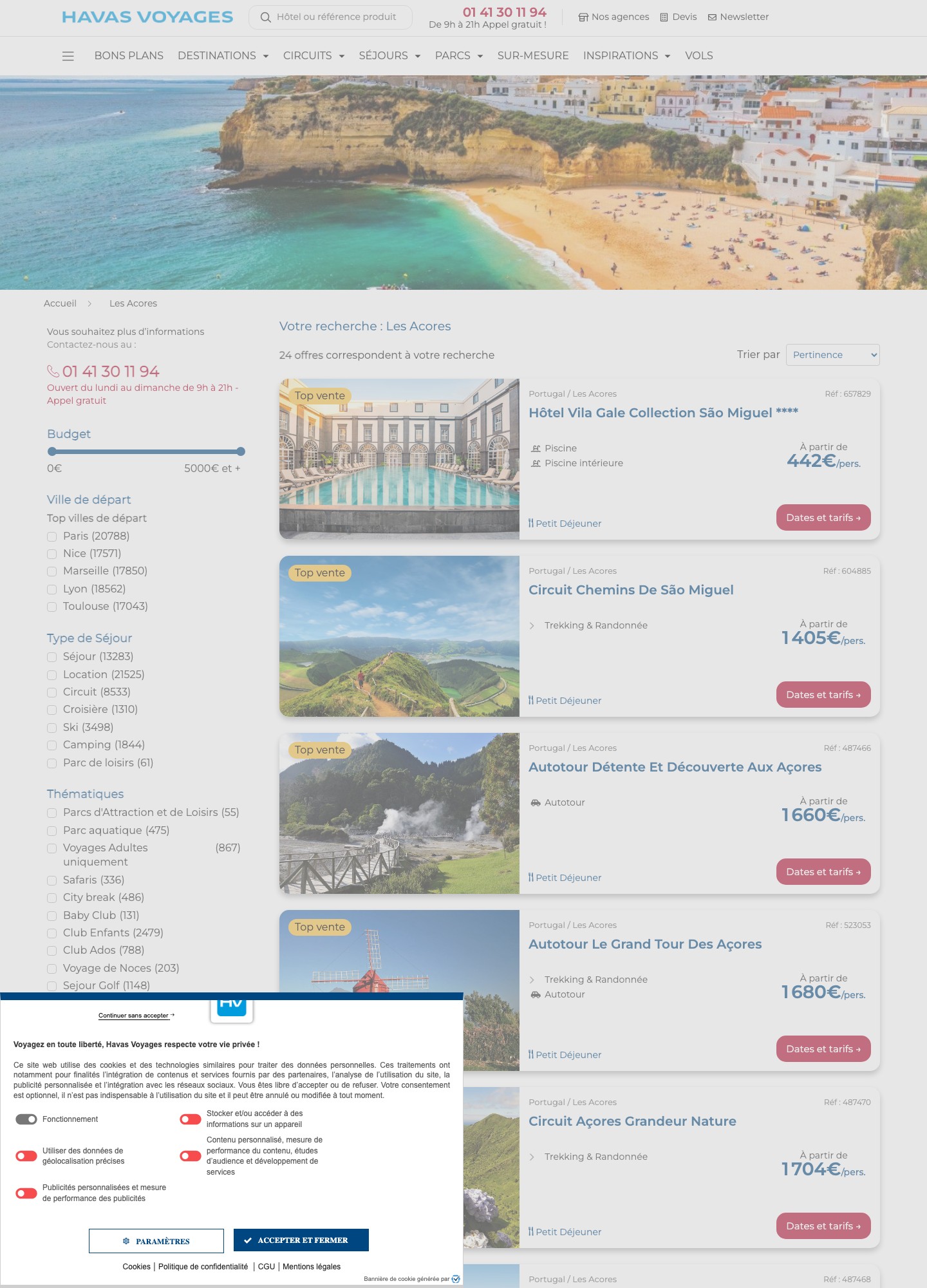 Listing Havas Voyages Açores : 24 offres, hôtels en petit-déjeuner, circuits et autotours, aucune offre tout compris