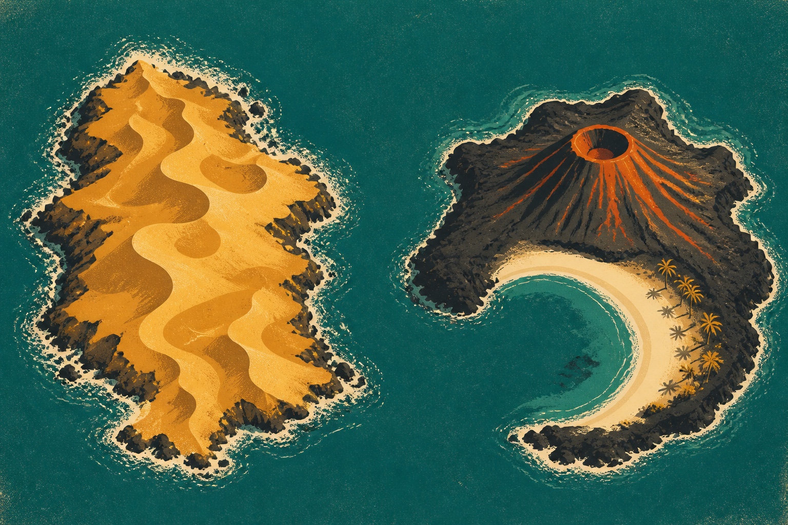 Illustration affiche vintage : vue aérienne de deux îles du Cap-Vert, l'une couverte de dunes dorées, l'autre bordée d'une plage en croissant et de palmiers, dans une mer bleu profond