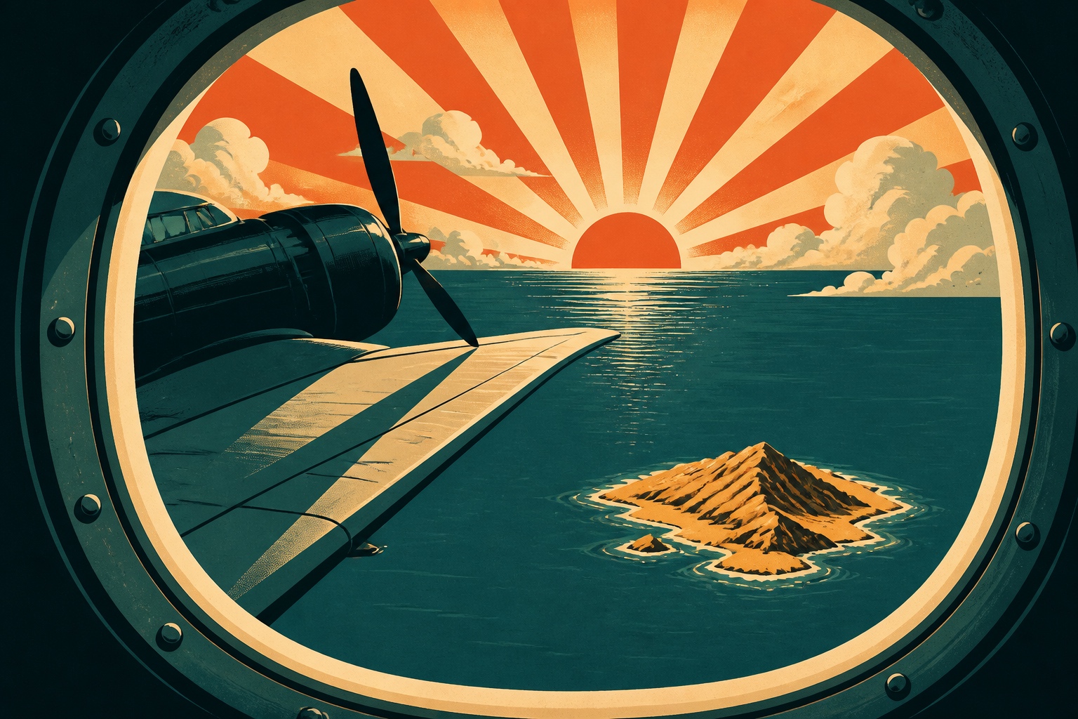 Illustration affiche vintage : l'aile d'un avion à hélices vue par un hublot au-dessus d'un océan bleu profond, une petite île dorée en contrebas et un soleil rétro à l'horizon