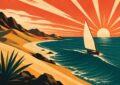 Illustration affiche vintage : les dunes dorées du Cap-Vert plongeant dans un Atlantique bleu profond, un voilier à la grande voile blanche et un soleil rayonnant à l'horizon