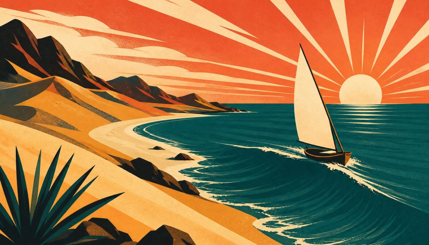 Illustration affiche vintage : les dunes dorées du Cap-Vert plongeant dans un Atlantique bleu profond, un voilier à la grande voile blanche et un soleil rayonnant à l'horizon