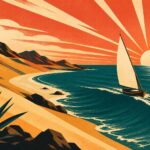 Illustration affiche vintage : les dunes dorées du Cap-Vert plongeant dans un Atlantique bleu profond, un voilier à la grande voile blanche et un soleil rayonnant à l'horizon