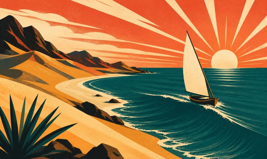 Illustration affiche vintage : les dunes dorées du Cap-Vert plongeant dans un Atlantique bleu profond, un voilier à la grande voile blanche et un soleil rayonnant à l'horizon
