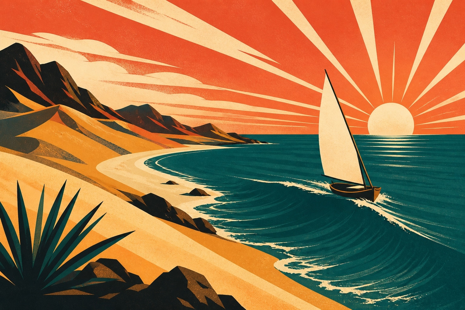 Illustration affiche vintage : les dunes dorées du Cap-Vert plongeant dans un Atlantique bleu profond, un voilier à la grande voile blanche et un soleil rayonnant à l'horizon