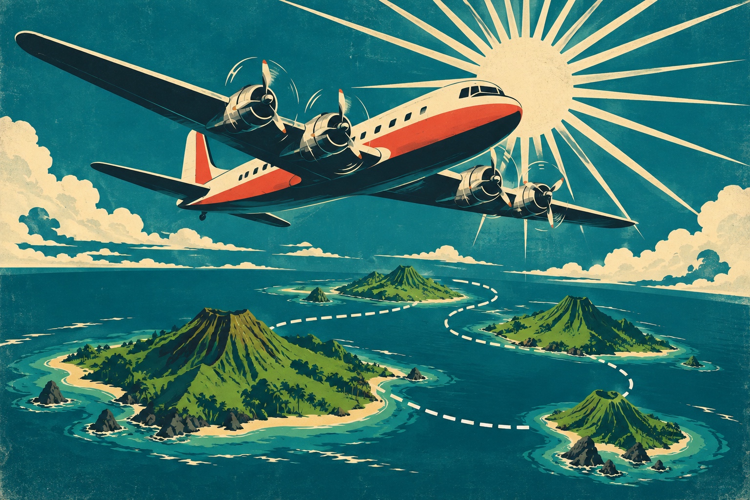 Illustration : un avion à hélices vintage survole l'archipel des Açores, une traînée pointillée reliant les îles