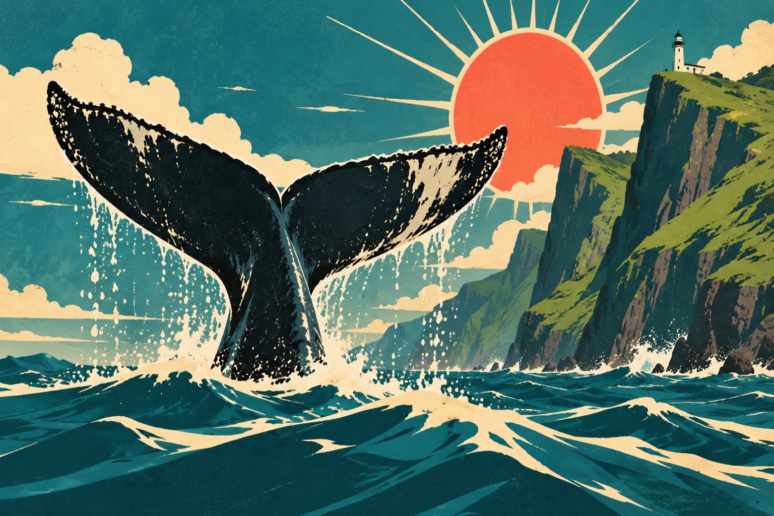 Illustration : une queue de baleine plonge près des falaises vertes des Açores, un phare au sommet