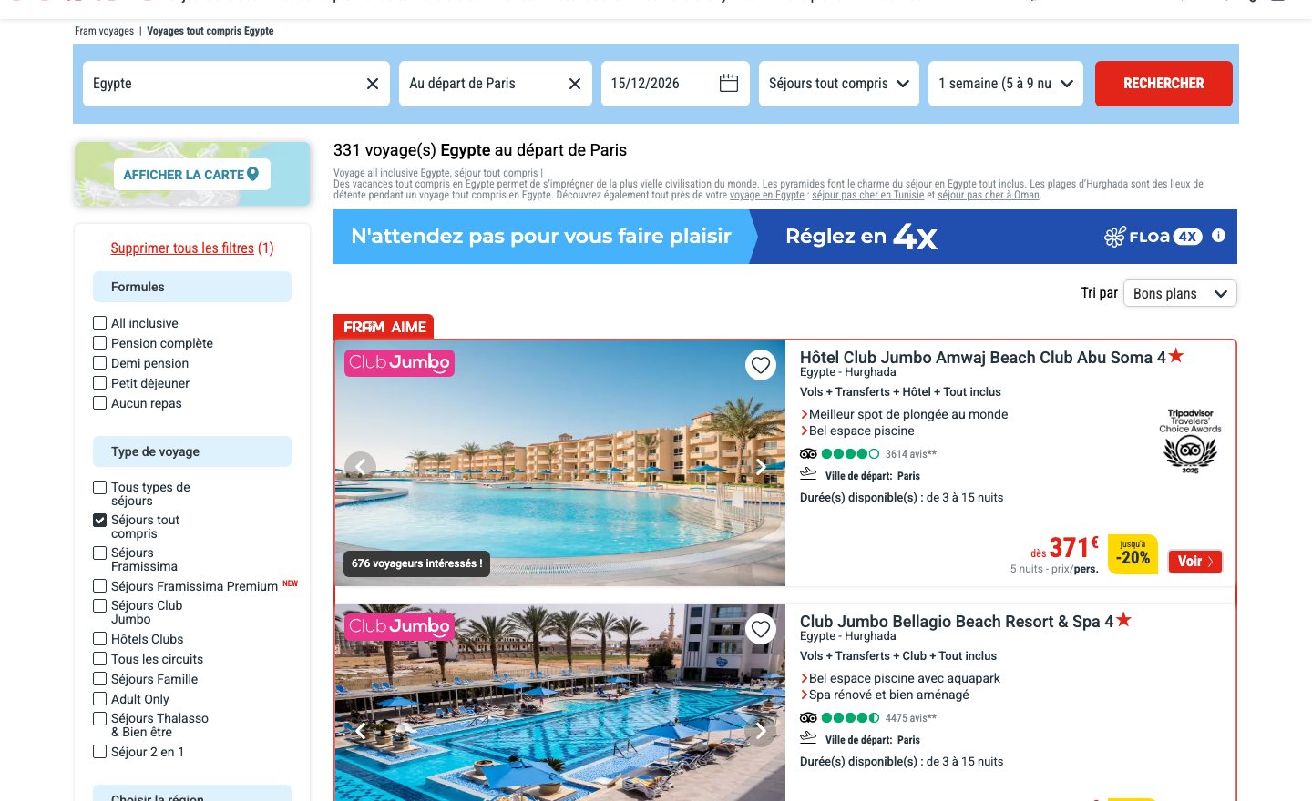 Capture du listing Fram du 2 septembre 2026 : séjours tout compris Égypte au départ de Paris, première affiche à 371 euros pour 5 nuits sous un filtre 1 semaine de 5 à 9 nuits, durées disponibles de 3 à 15 nuits