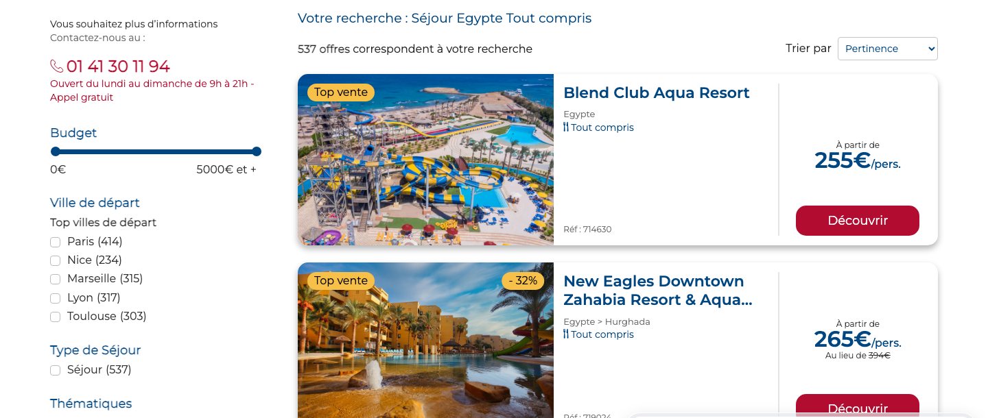 Capture du listing Havas Voyages du 2 septembre 2026 : 537 offres de séjour tout compris en Égypte, Blend Club Aqua Resort à partir de 255 euros par personne, villes de départ Paris, Nice, Marseille, Lyon et Toulouse