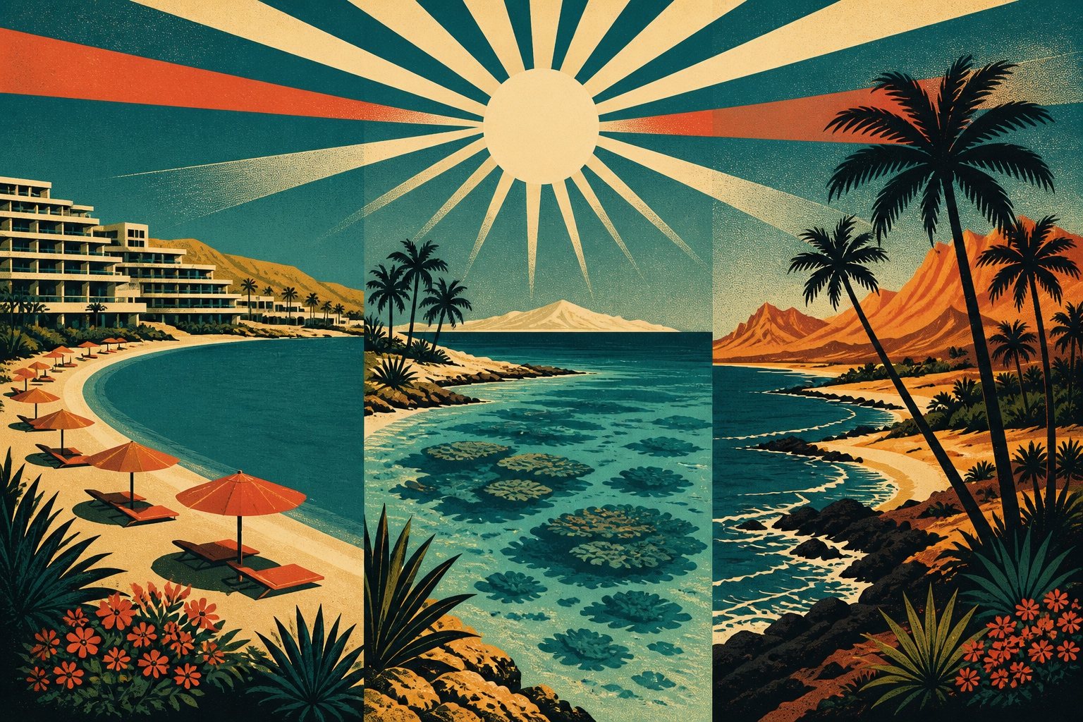 Illustration affiche vintage : trois baies de la mer Rouge côte à côte, un club avec parasols, un récif corallien et une côte sauvage bordée de palmiers, sous un soleil rétro rayonnant
